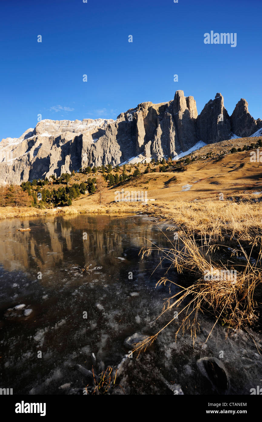 Mountain lake in front of Sella range, Dolomites, UNESCO World Heritage Site Dolomites, South Tyrol, Italy, Europe Stock Photo