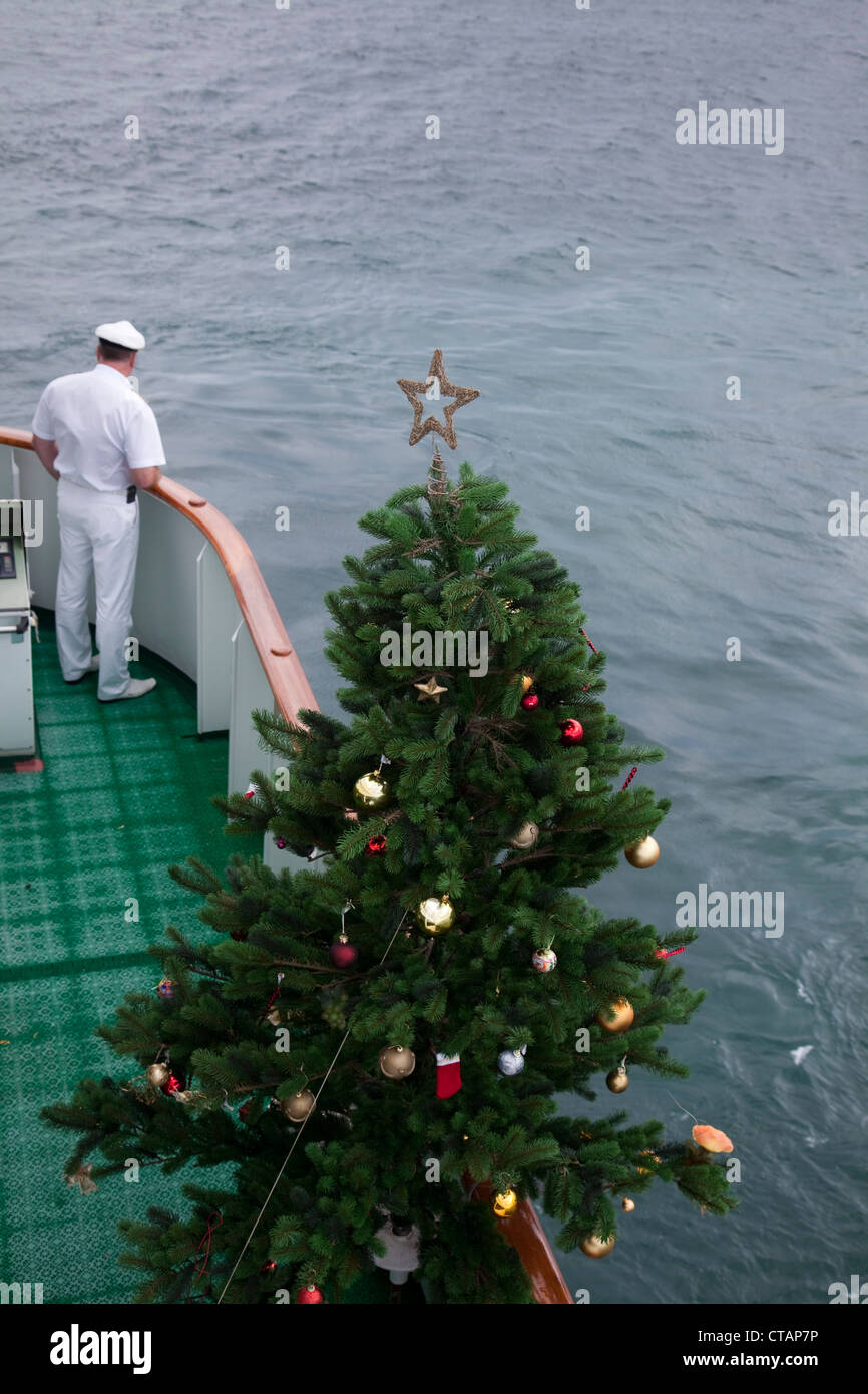 Christmas tree on bridge of cruise ship MS Deutschland, Reederei Peter Deilmann, near Cabo Frio, Rio de Janeiro, Brazil, South A Stock Photo