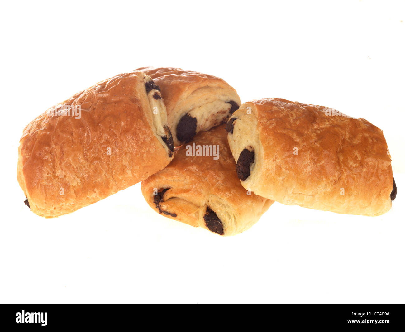 Freshly Baked Pain Aux Chocolate Danish Pastries Ready To Eat, Isolated Against A White Background, With No People Stock Photo