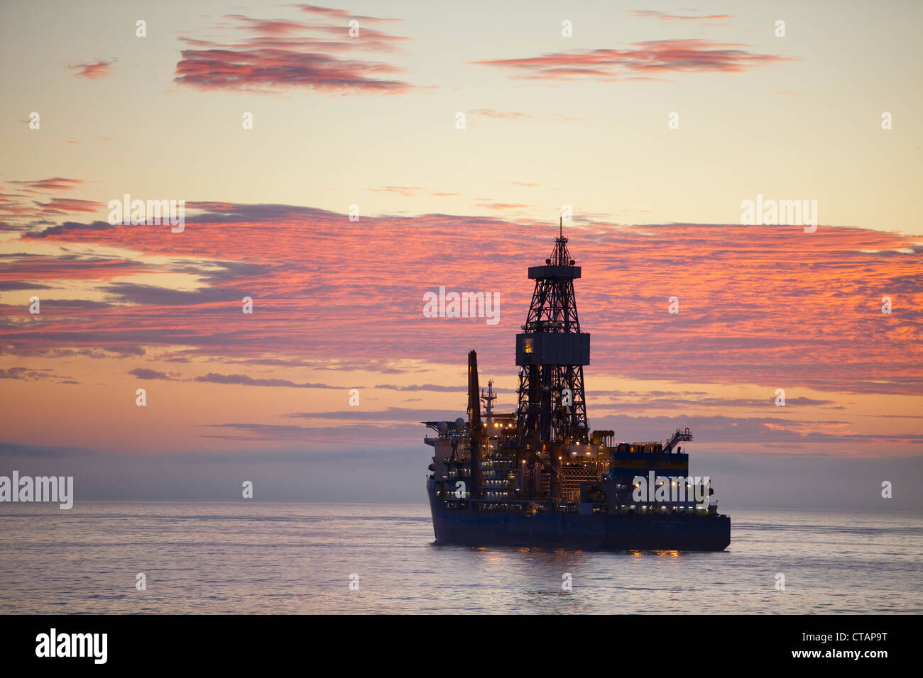 Oil drilling ship Pacific Mistral, Pacific Drilling, at sunrise, near Rio de Janeiro, Rio de Janeiro, Brazil, South America Stock Photo