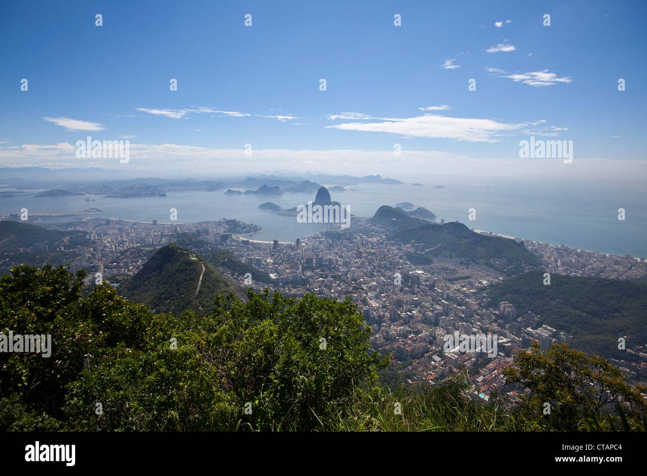 View from Corcovado mountain over city with Pao de Acucar, Sugar Loaf mountain, Rio de Janeiro, Rio de Janeiro, Brazil, South Am Stock Photo