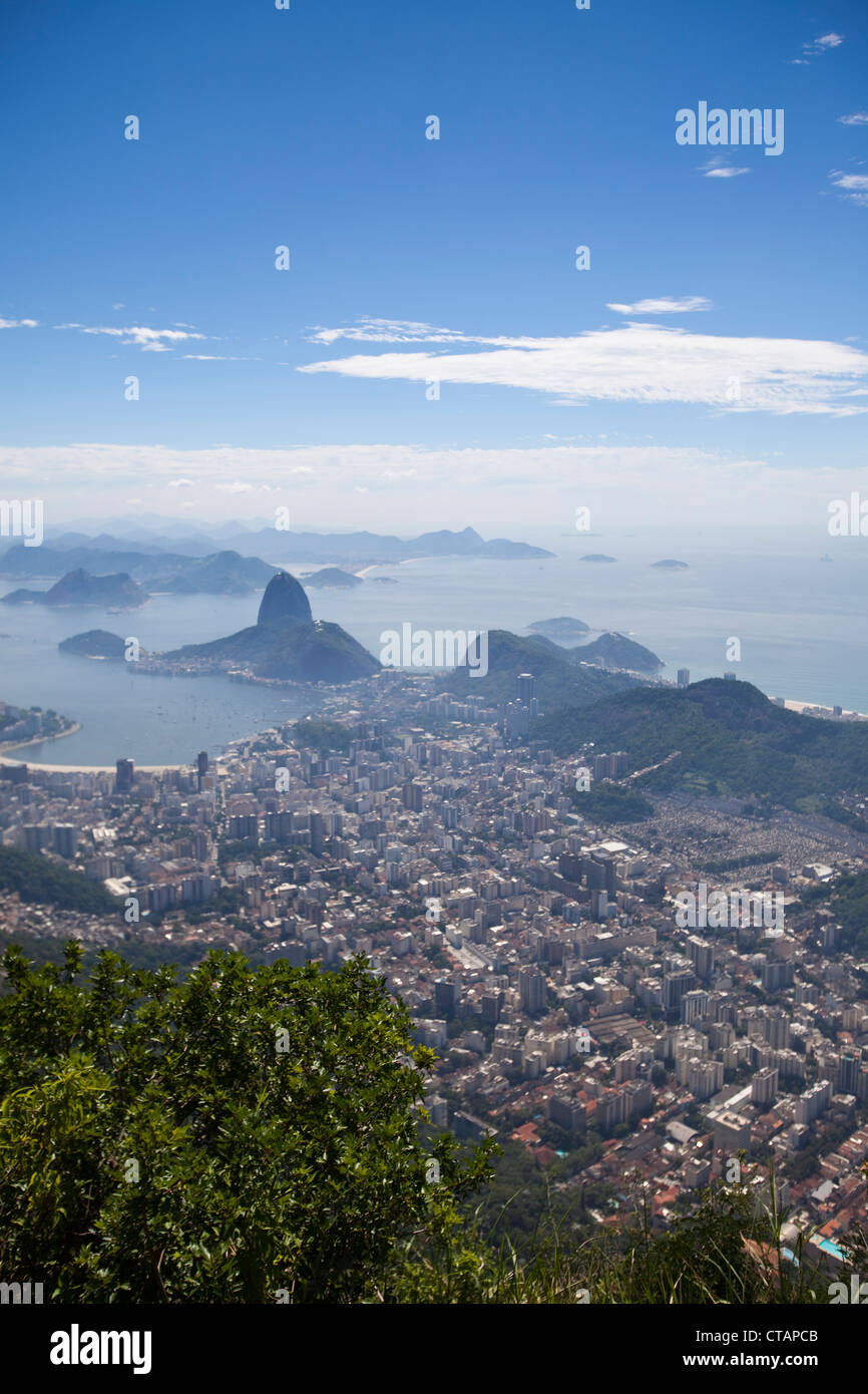View from Corcovado mountain over city with Pao de Acucar, Sugar Loaf, mountain, Rio de Janeiro, Rio de Janeiro, Brazil, South A Stock Photo