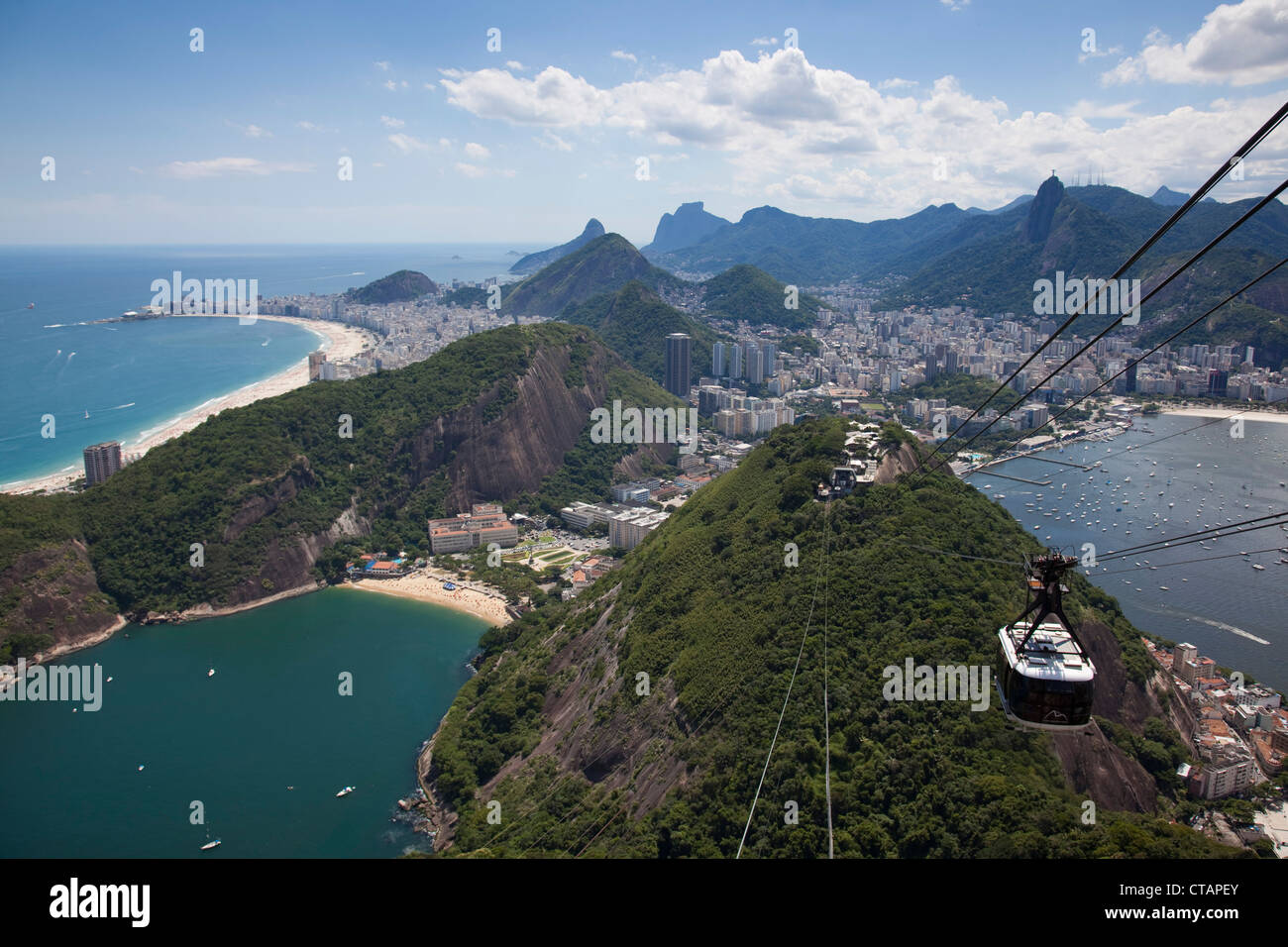 View over city from Pao de Acucar, Sugar Loaf, mountain with Sky Gondola cable car, Rio de Janeiro, Rio de Janeiro, Brazil, Sout Stock Photo