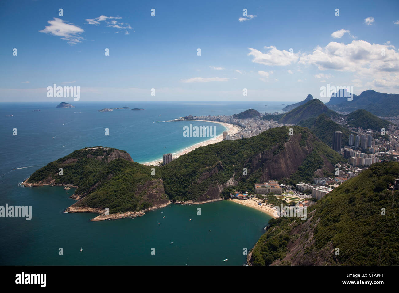View over city from Pao de Acucar (Sugar Loaf) mountain with Sky Gondola, Rio de Janeiro, Rio de Janeiro, Brazil, South America Stock Photo
