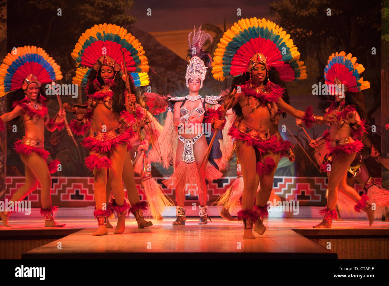 Colorful costumes at folklore and samba dance show at Variete Plataforma 1, Rio de Janeiro, Rio de Janeiro, Brazil, South Americ Stock Photo