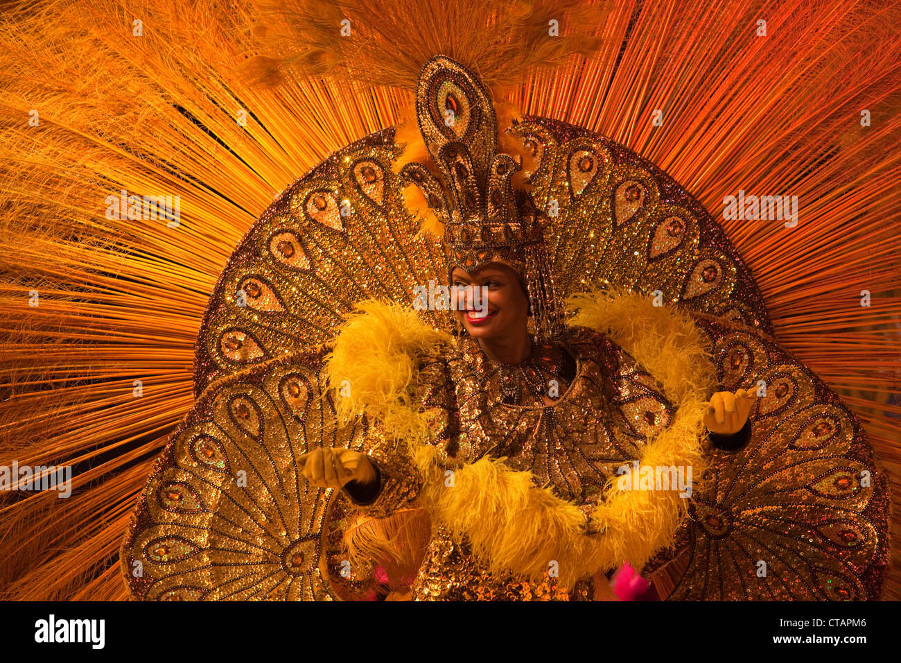 Woman wears colorful costume at folklore and samba dance show at Variete Plataforma 1, Rio de Janeiro, Rio de Janeiro, Brazil, S Stock Photo