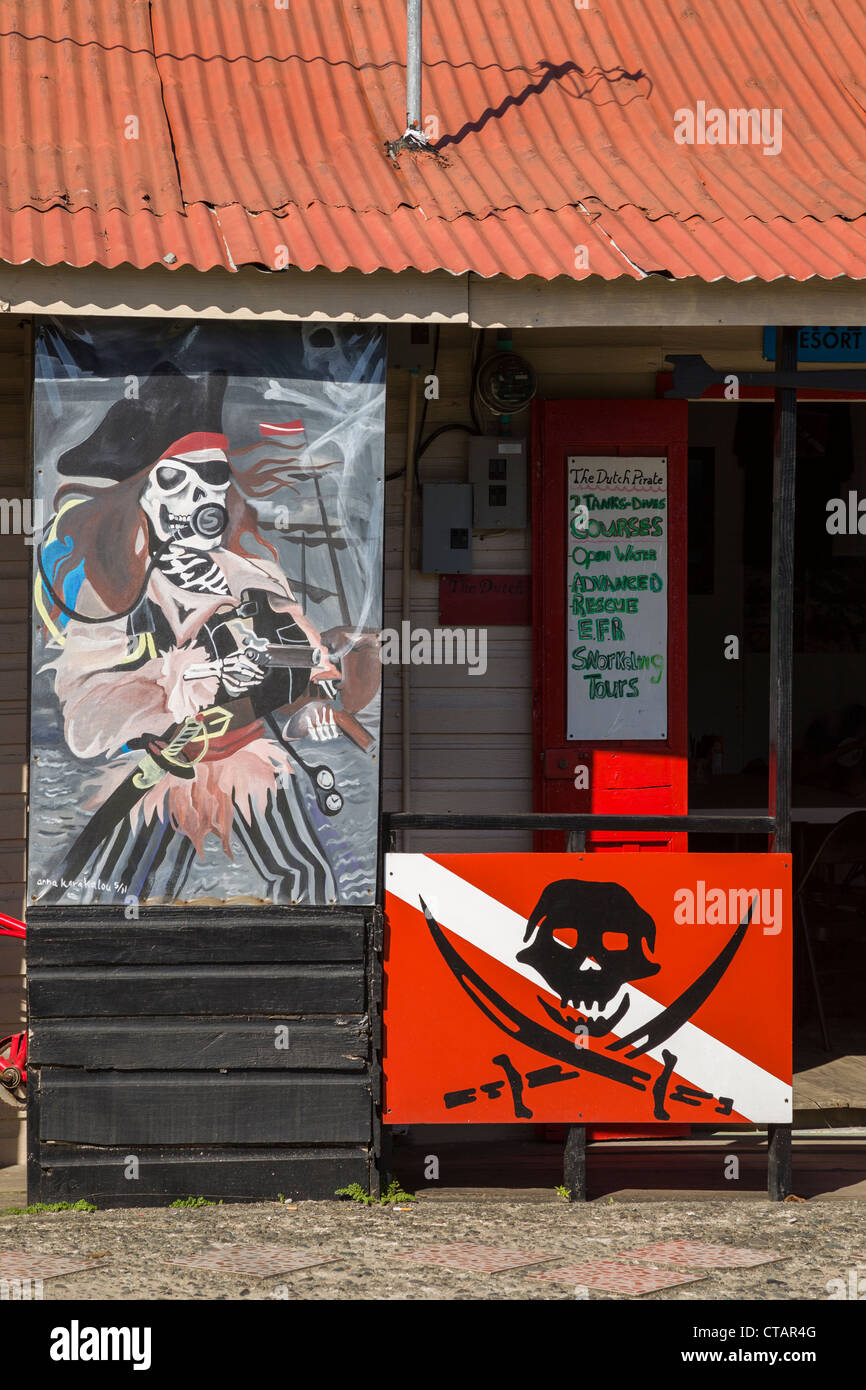 Pirate themed diveshop in Bocas Town on Isla Colon, Bocas del Toro, Panama. Stock Photo
