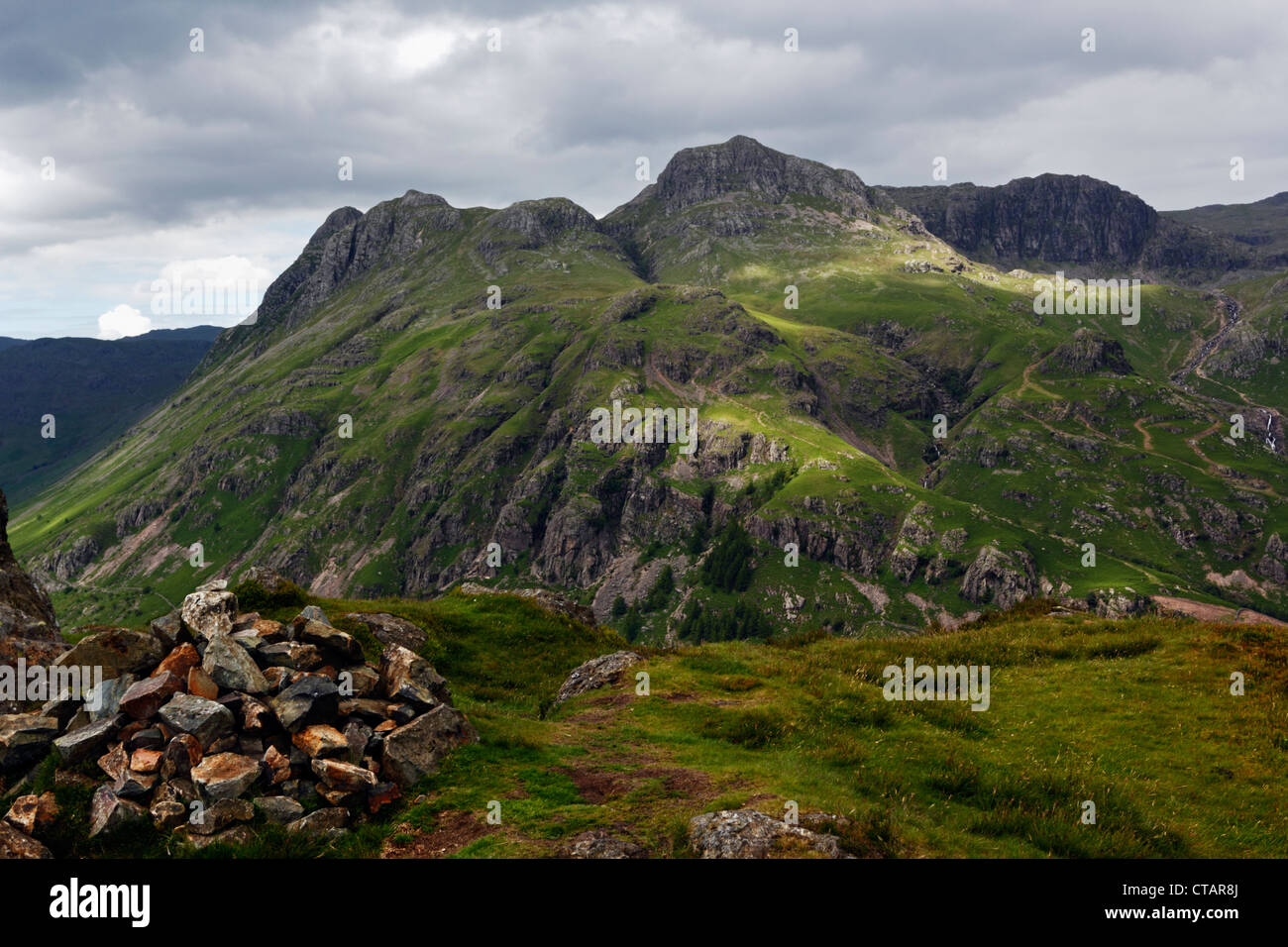 The Langdale Pikes from Side Pike on Lingmoor in the Lake District National Park, Cumbria. Stock Photo