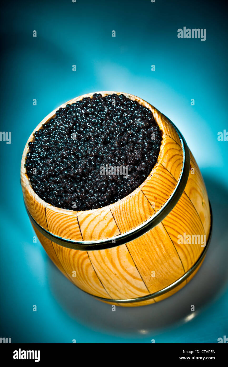 Russian Black Caviar in small barrel Stock Photo