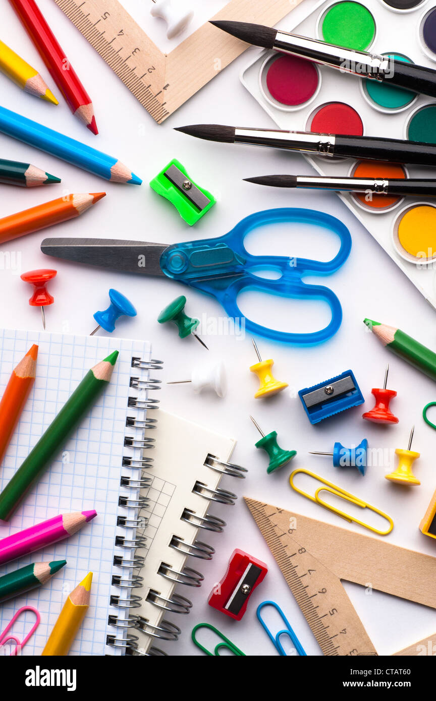 Assortment of various school items, white background Stock Photo