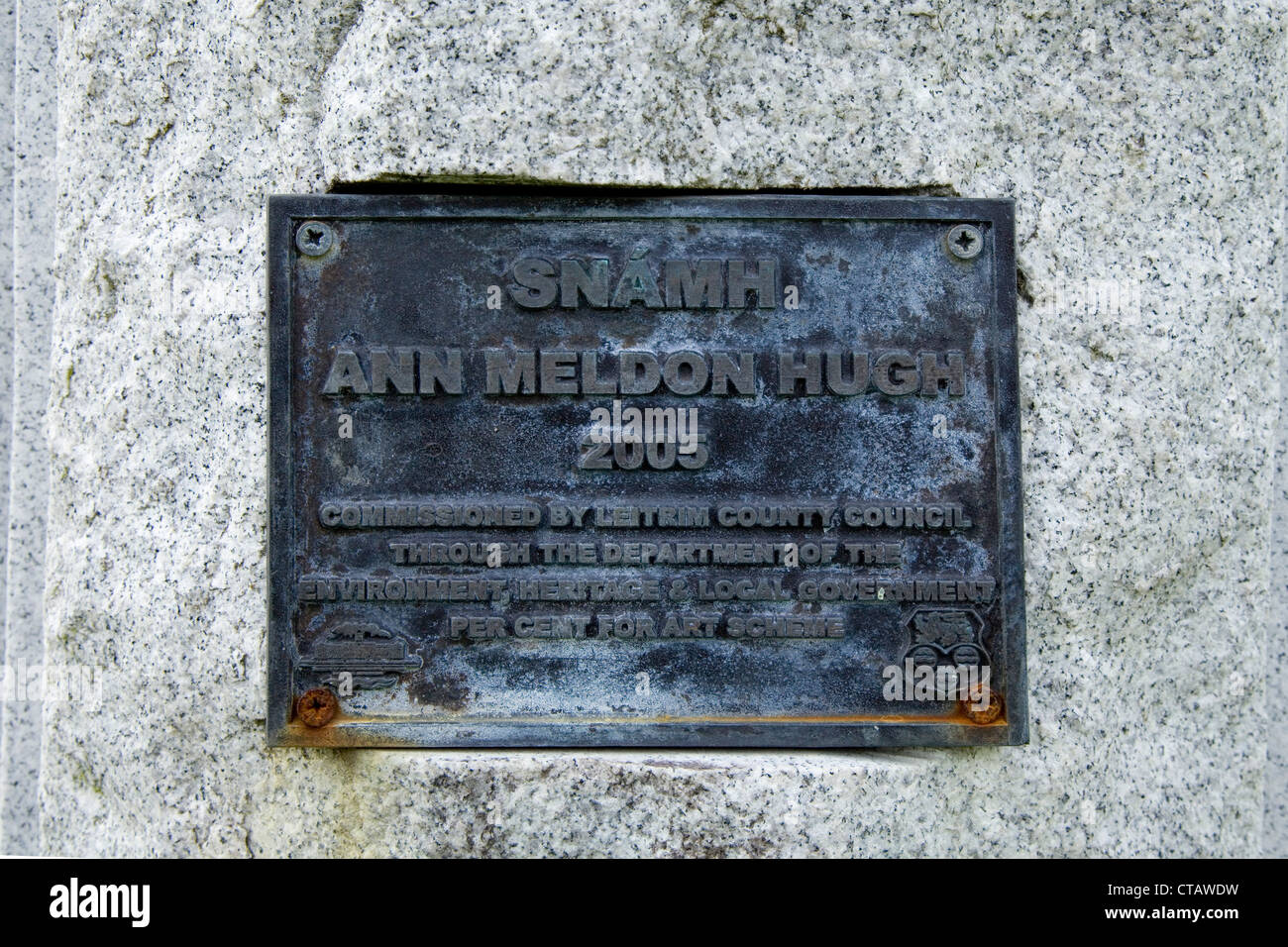 bronze plaque of swimmer Ann Meldon Hugh under statue of her in Dromsna, County Leitrim, Ireland. Stock Photo