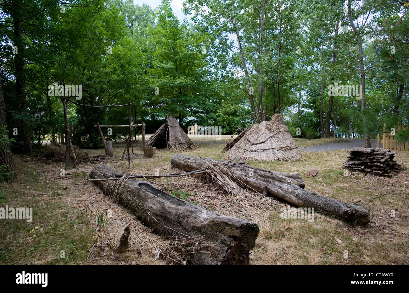 Replica Iroquois hunting reed huts and encampment. Stock Photo
