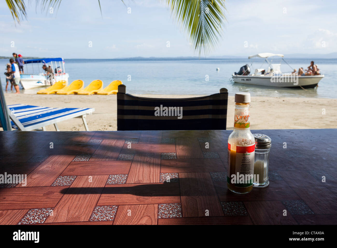 Seaside restaurant at Starfish beach on Isla Colon, Bocas del Toro, Panama. Stock Photo