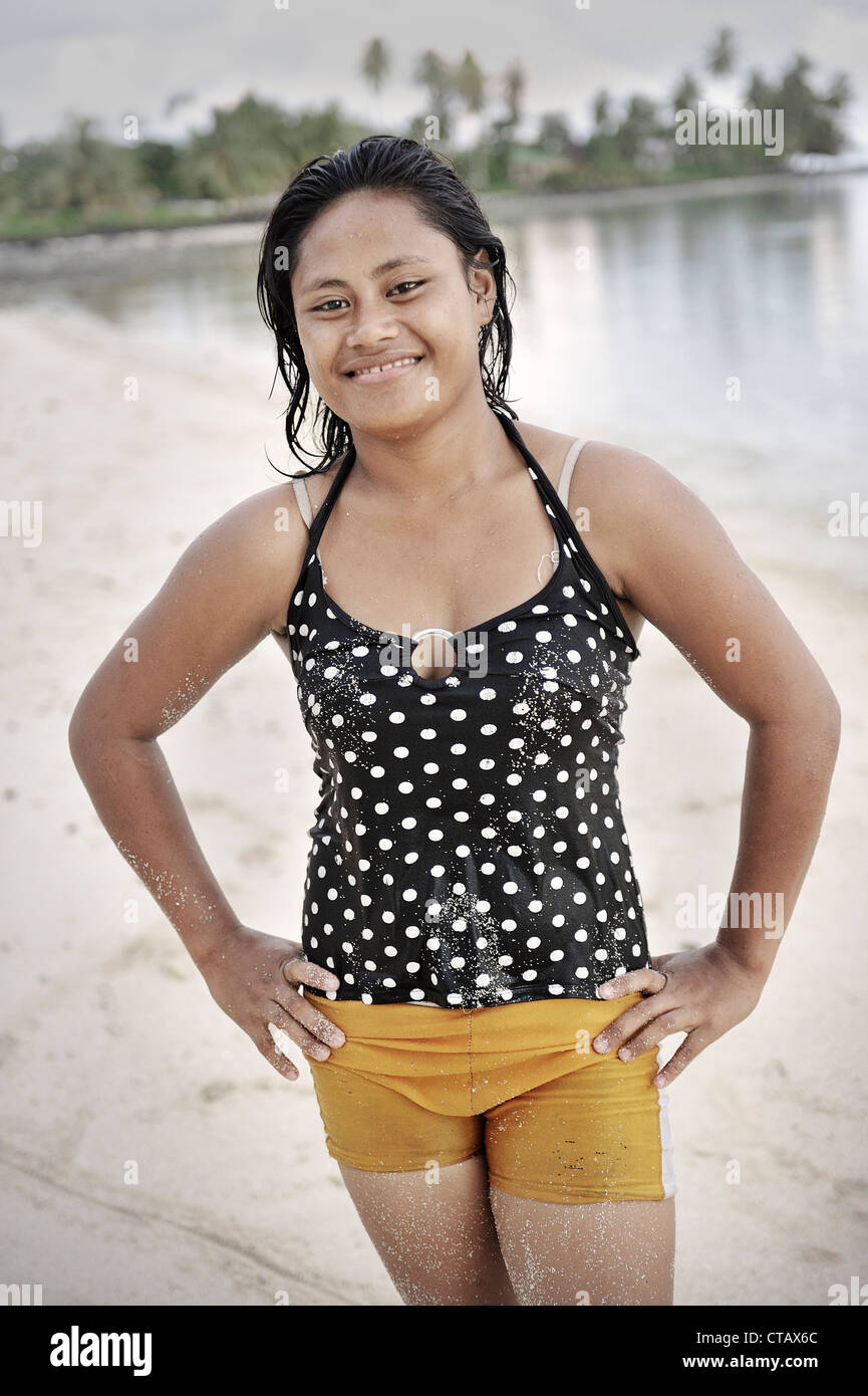 Portrait of young Samoan girl at Return to Paradise Beach, Upolu Stock