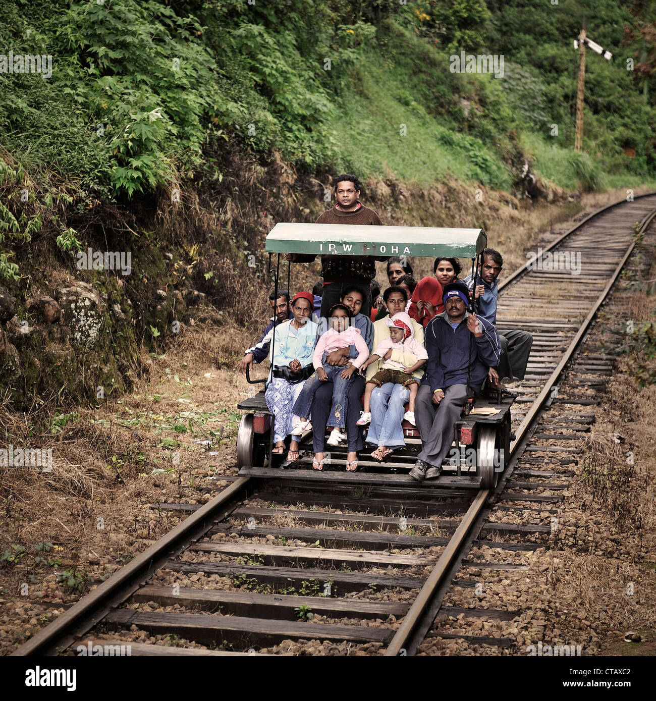 Creative rail travel by locals, self-help, Haputale, Hill Country, Sri Lanka Stock Photo
