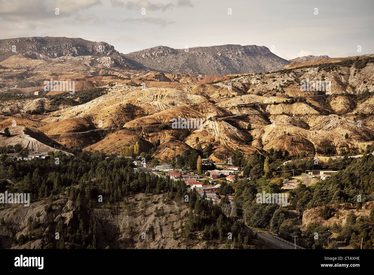 Moonscape environmental damage through mining, copper, Queenstown, Tasmania, Australia Stock Photo