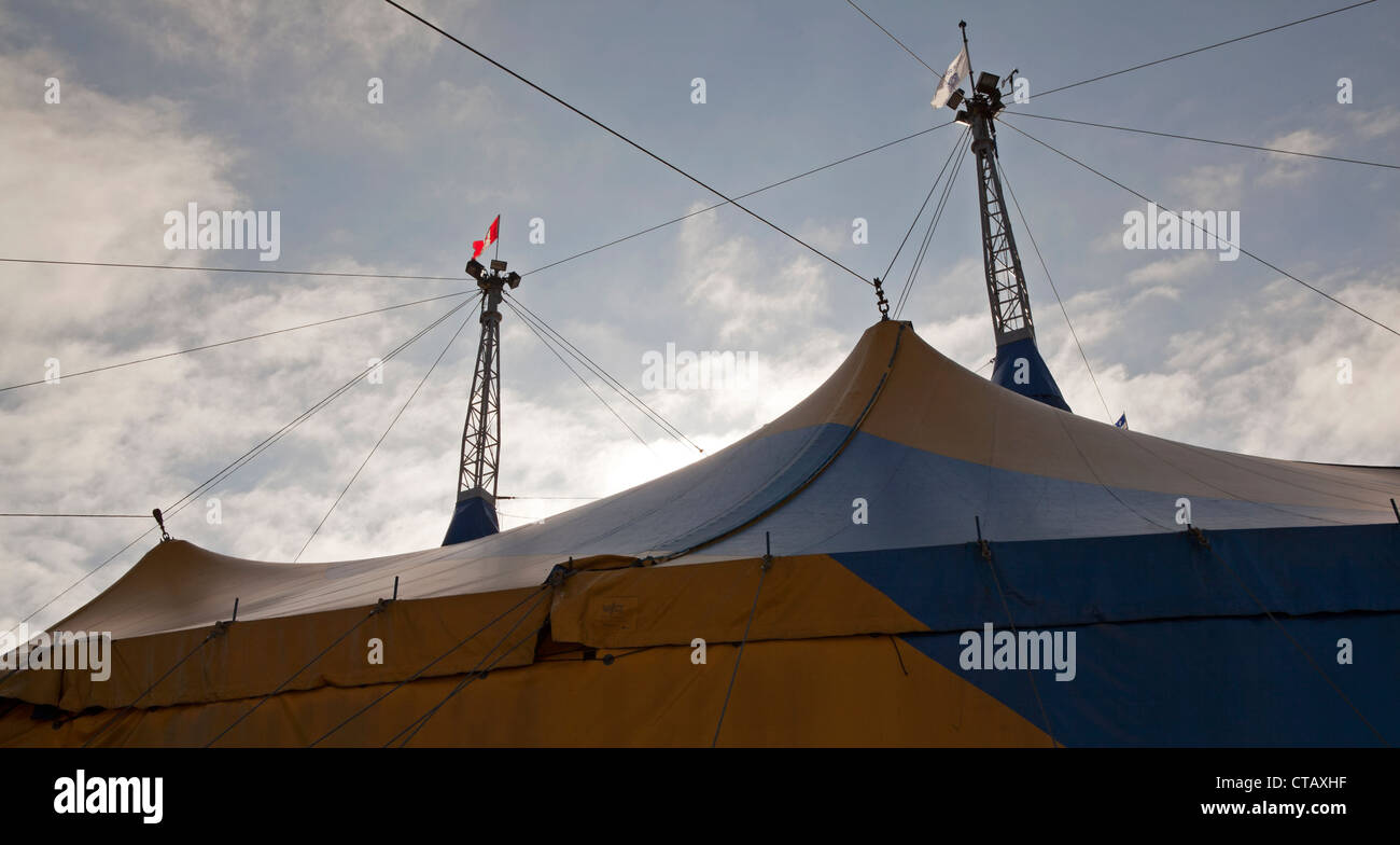 Wires help support the temporary tents erected for Cirque de Soleil. Stock Photo