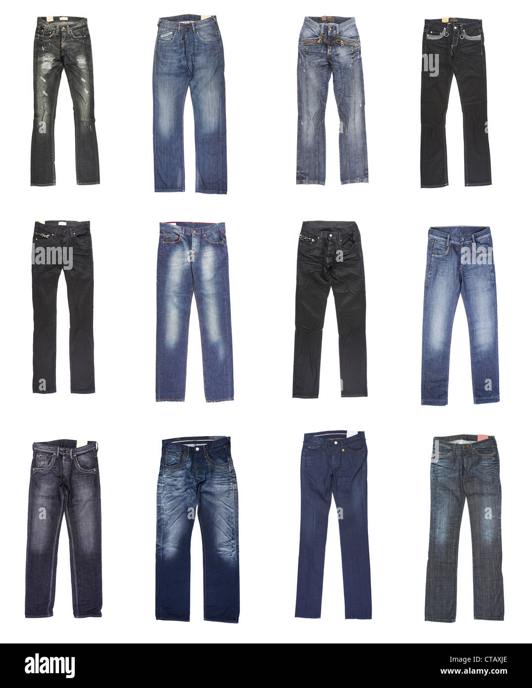 Female and man's jeans. Twelve pairs Stock Photo