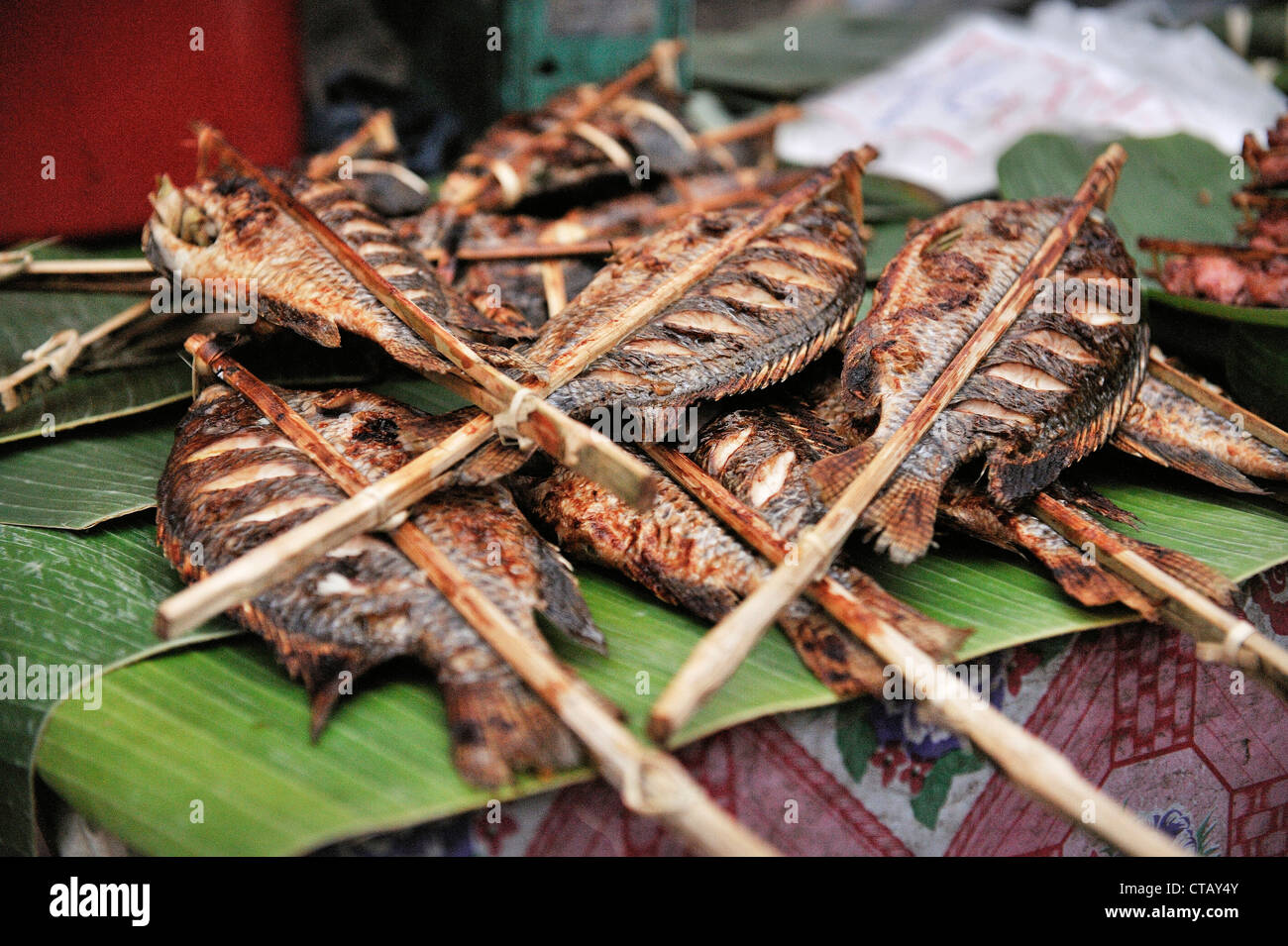 Fish barbecue at local market, Luang Prabang, Laos Stock Photo