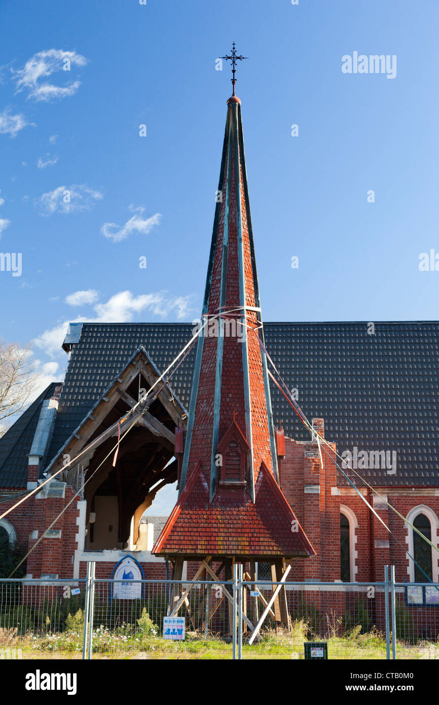 Post-quake Christchurch, New Zealand - abandoned church on Victoria Street with mislaid steeple Stock Photo