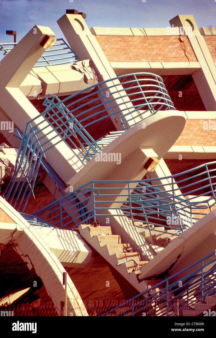A parking garage in Northridge, CA, is collapsed by an earthquake in 1994. Stock Photo