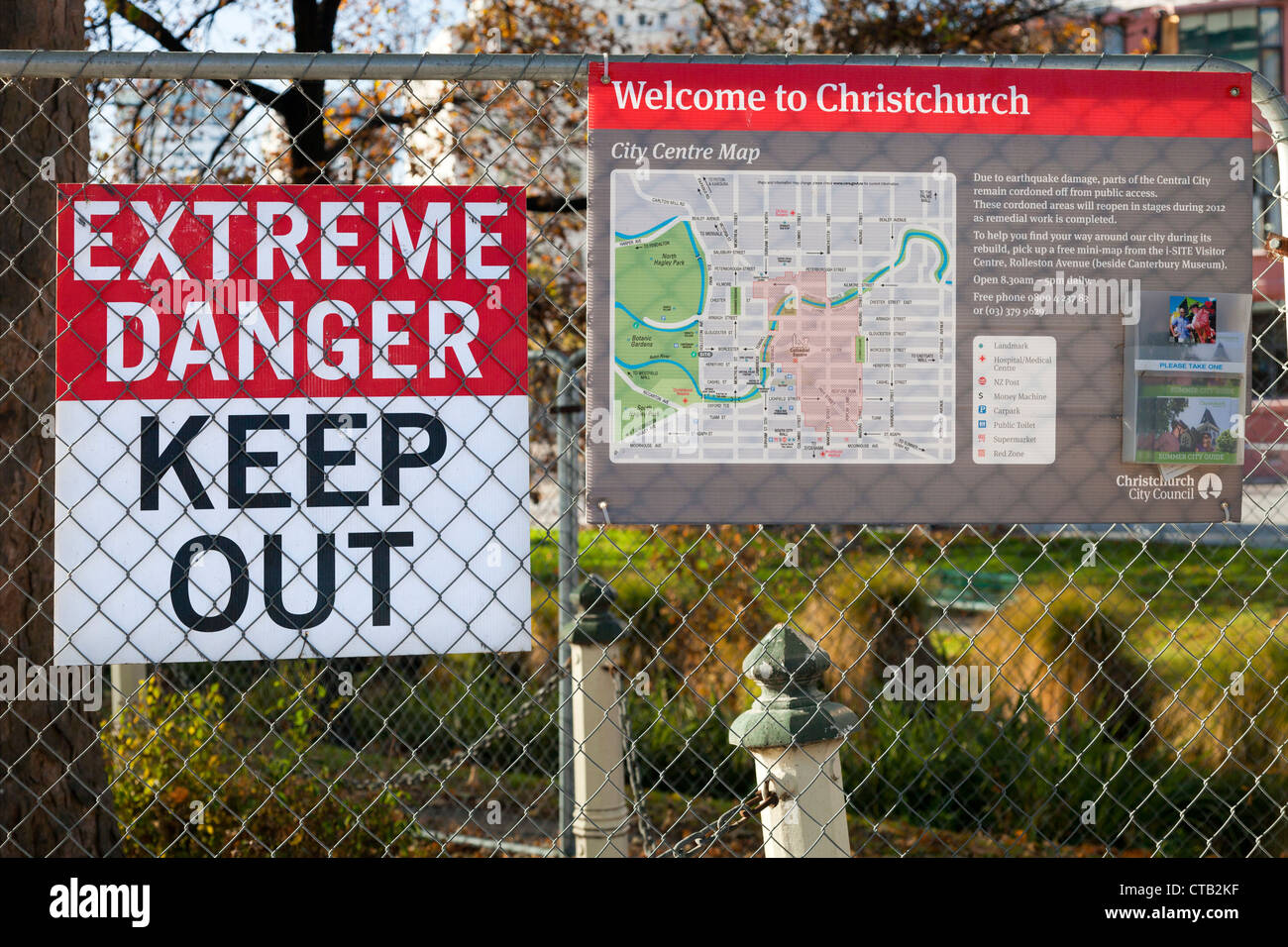 Post-quake Queenstown, New Zealand - mixed messages at the Red Zone Stock Photo