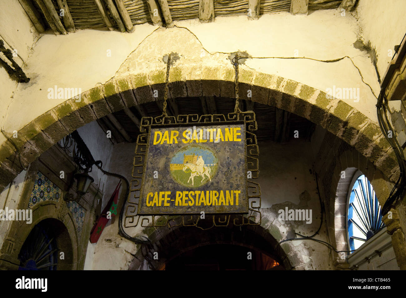 Sign to the Cafe-restaurant Dar Saltane, the Medina, Essaouira, Morocco Africa Stock Photo