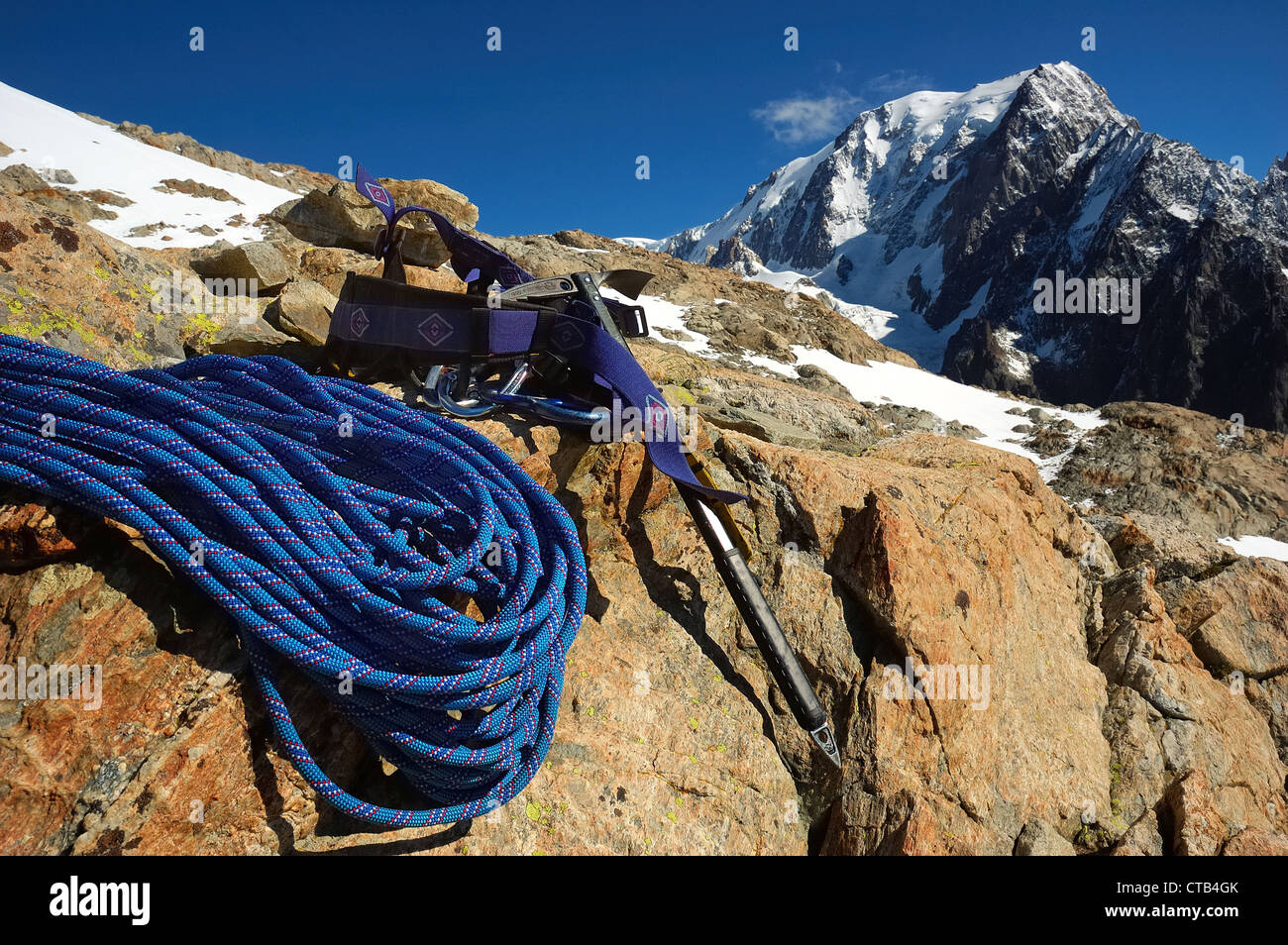 Climbing Equipment (ice axe and rope), west face of Mont Blanc, Italy