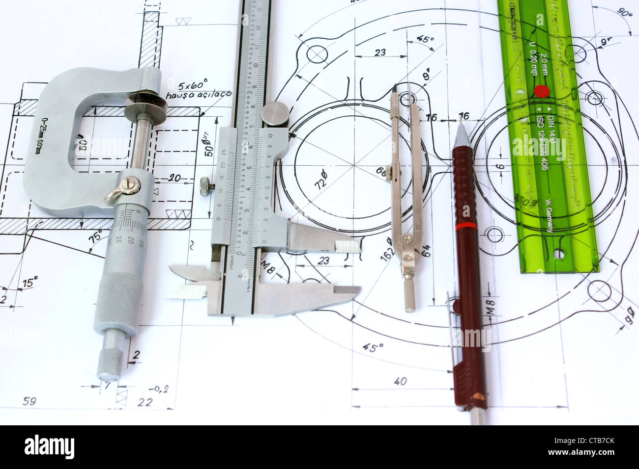 Micrometer, Caliper, Mechanical Pencil, Compass and template ruler on