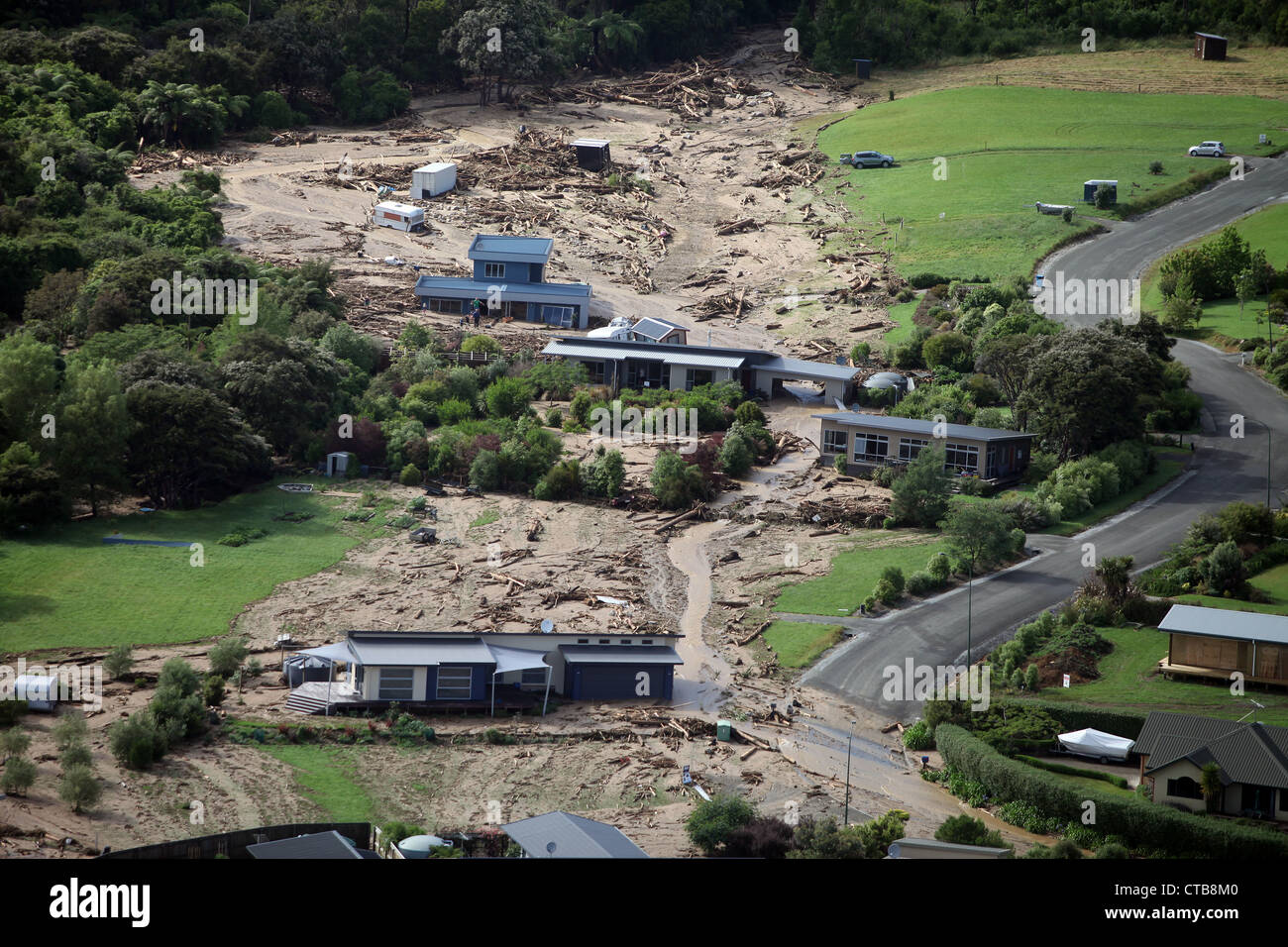 aerial picture of devastated homes following record breaking rainfall in Nelson region of New Zealand December 2011 Stock Photo