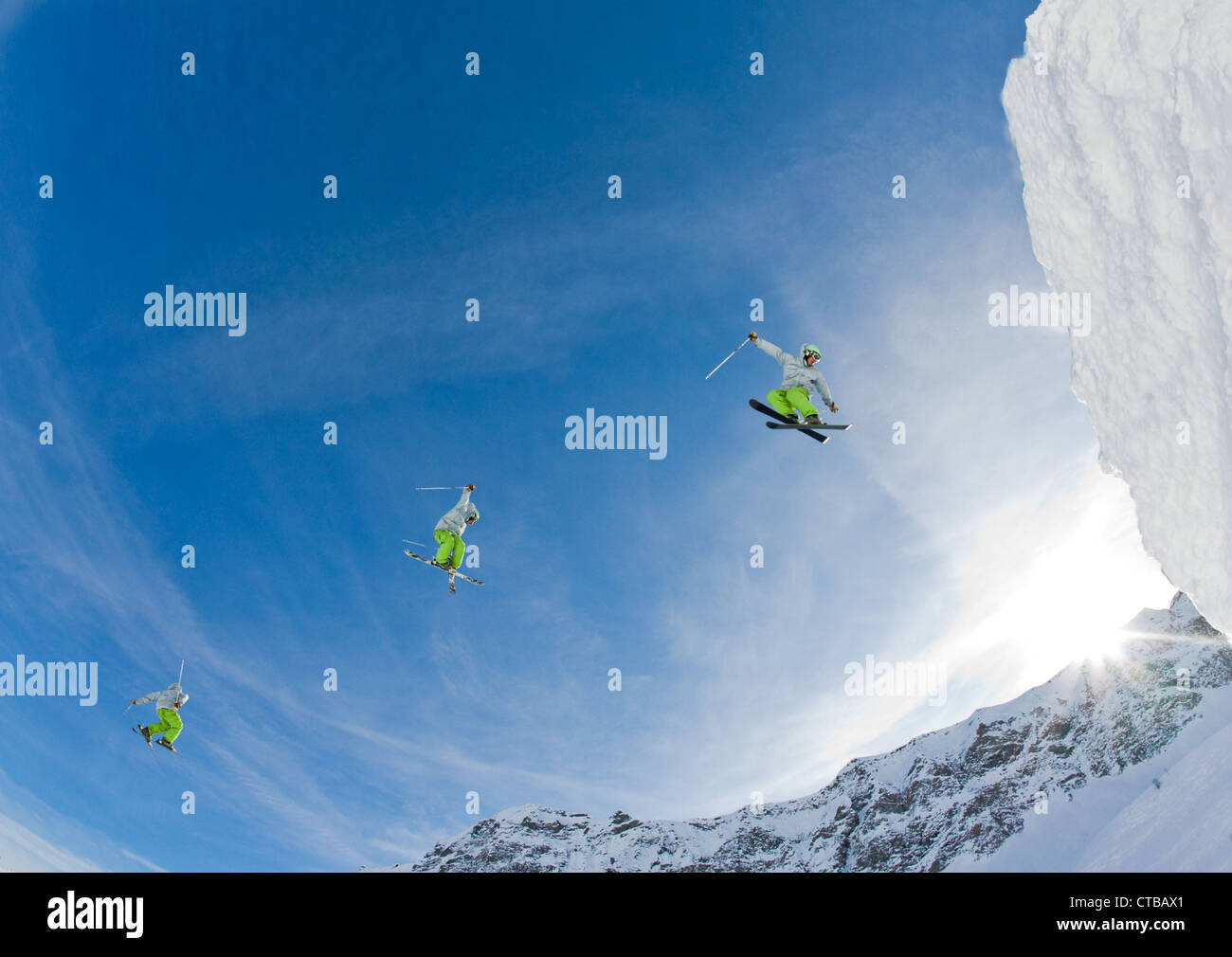 Freestyle skier performing big jump multiple image Winter Mystic Xperience 2009 Alagna Italy 18/22 feb 2009 Italian Stage Stock Photo