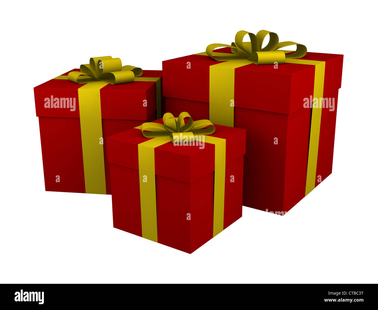 three red gift boxes with yellow ribbon and bow isolated on white Stock ...