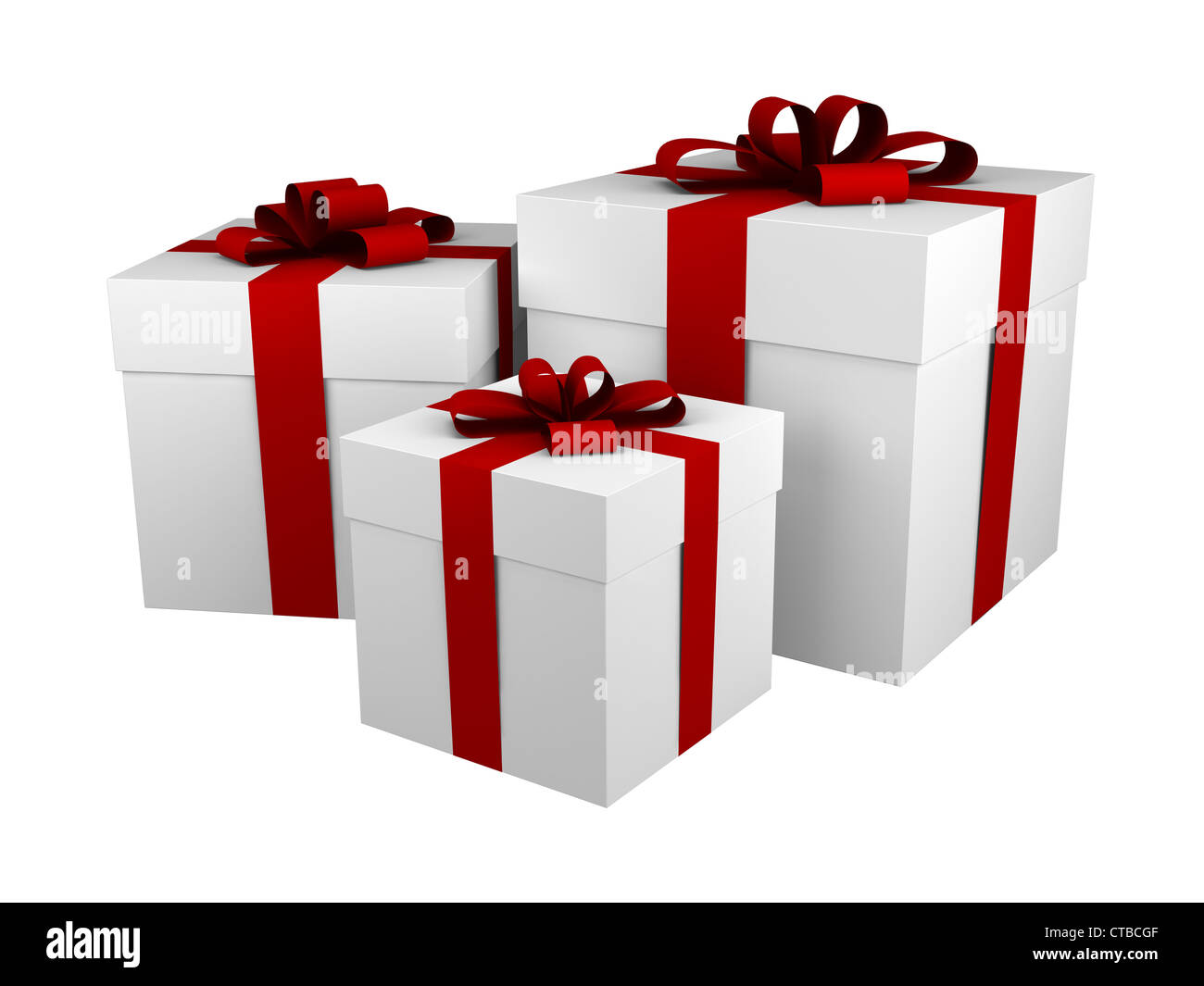 three white gift boxes with red ribbon and bow isolated on white Stock ...