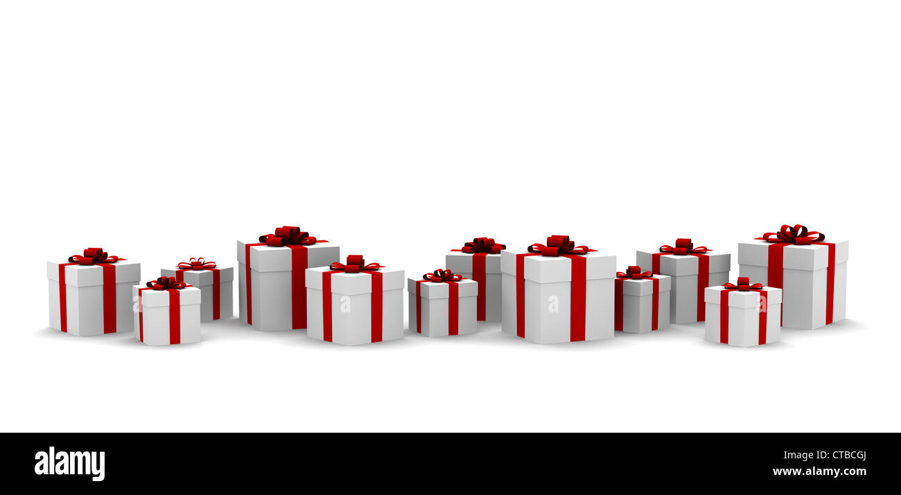 three white gift boxes with red ribbon and bow isolated on white Stock ...