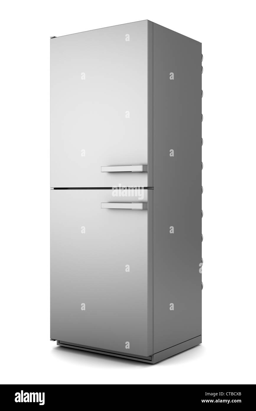 single modern gray refrigerator isolated on white background Stock