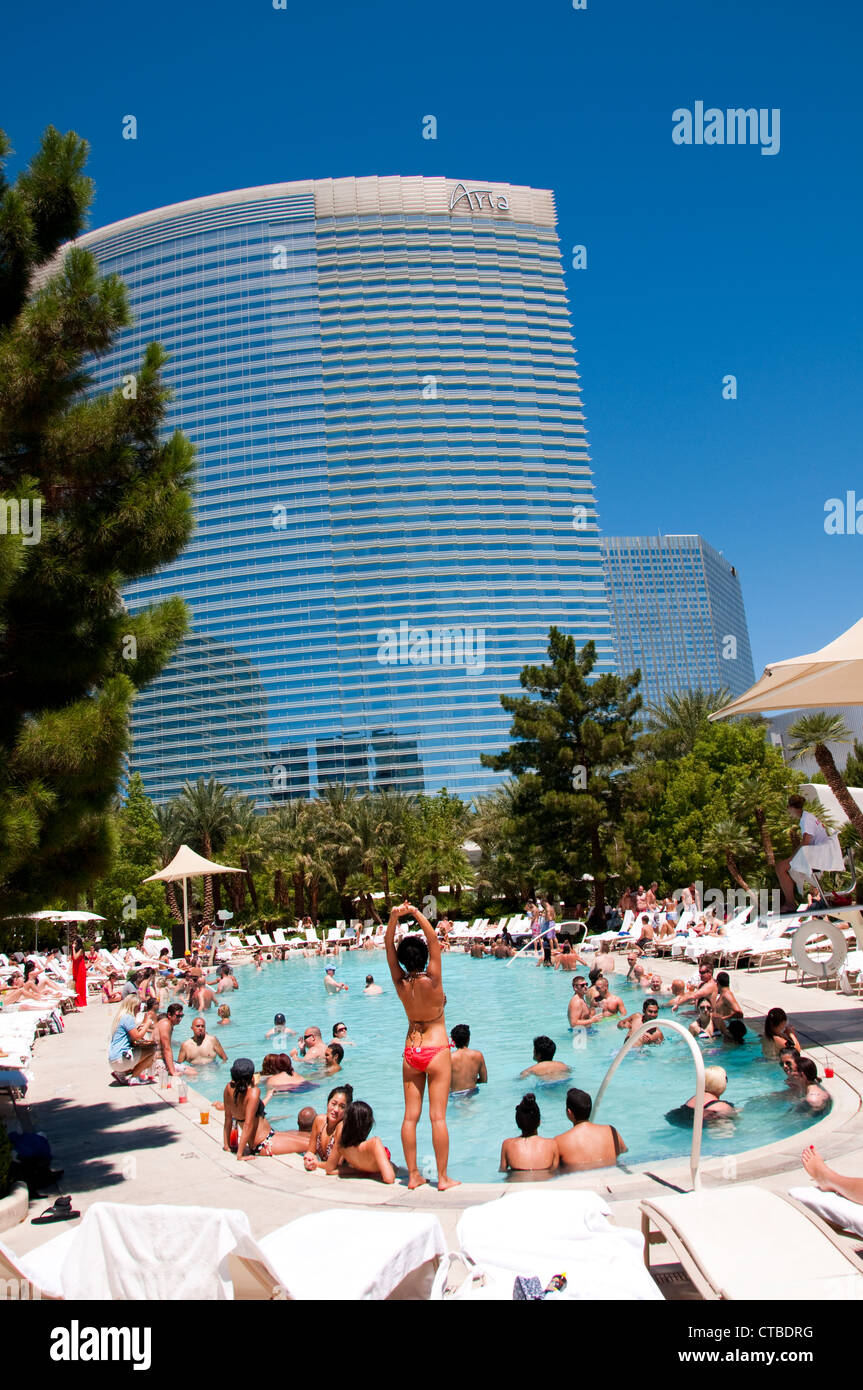 USA Las Vegas, Aria resort on the Strip, with its emphasis on design and outdoor pools. People enjoying the pools. Stock Photo