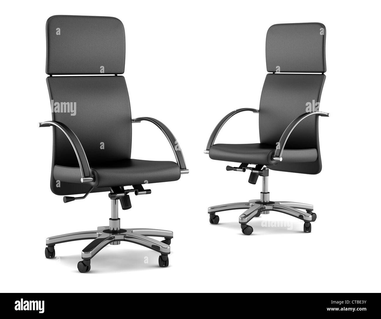 two modern black office chairs isolated on white background Stock Photo