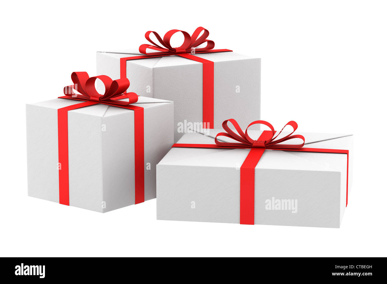 three white gift boxes with red ribbons and bows isolated on white ...