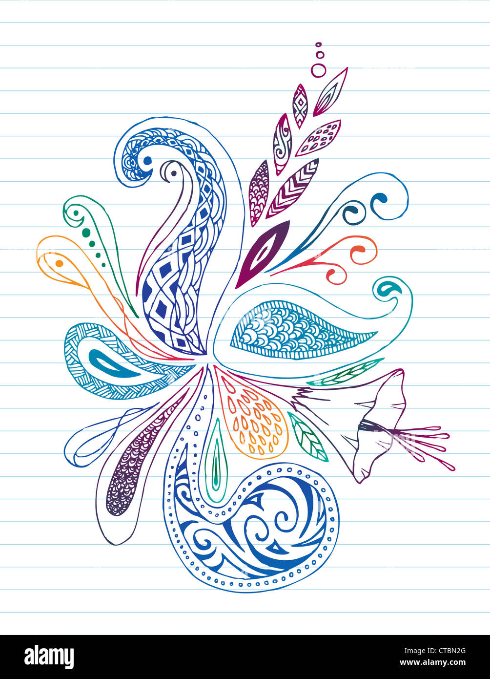 Floral doodle on lined paper. Stock Photo