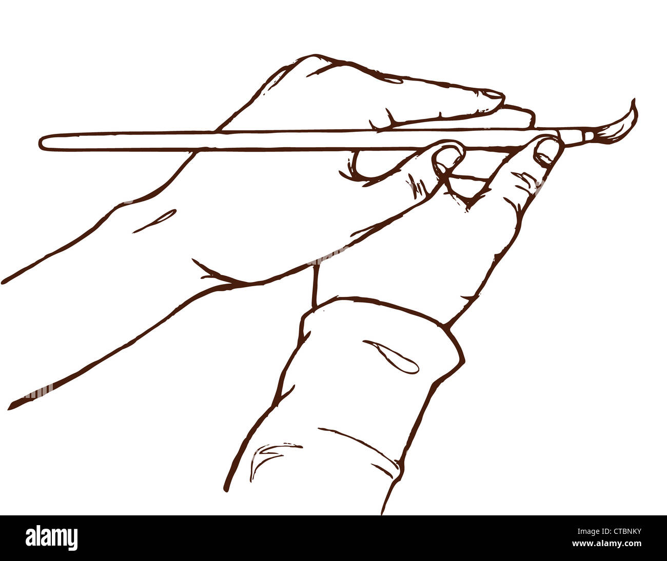 Line drawing of hands and paintbrush. Stock Photo