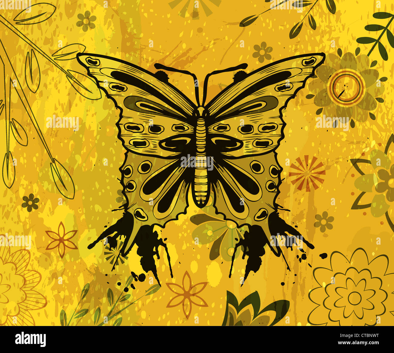 vector grunge floral background with butterfly Stock Photo - Alamy