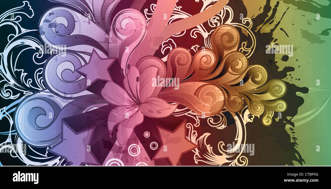 vector grunge floral background with stars Stock Photo - Alamy