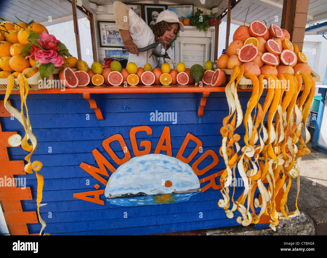 orange juice for sale in Essaouira, Morocco Stock Photo