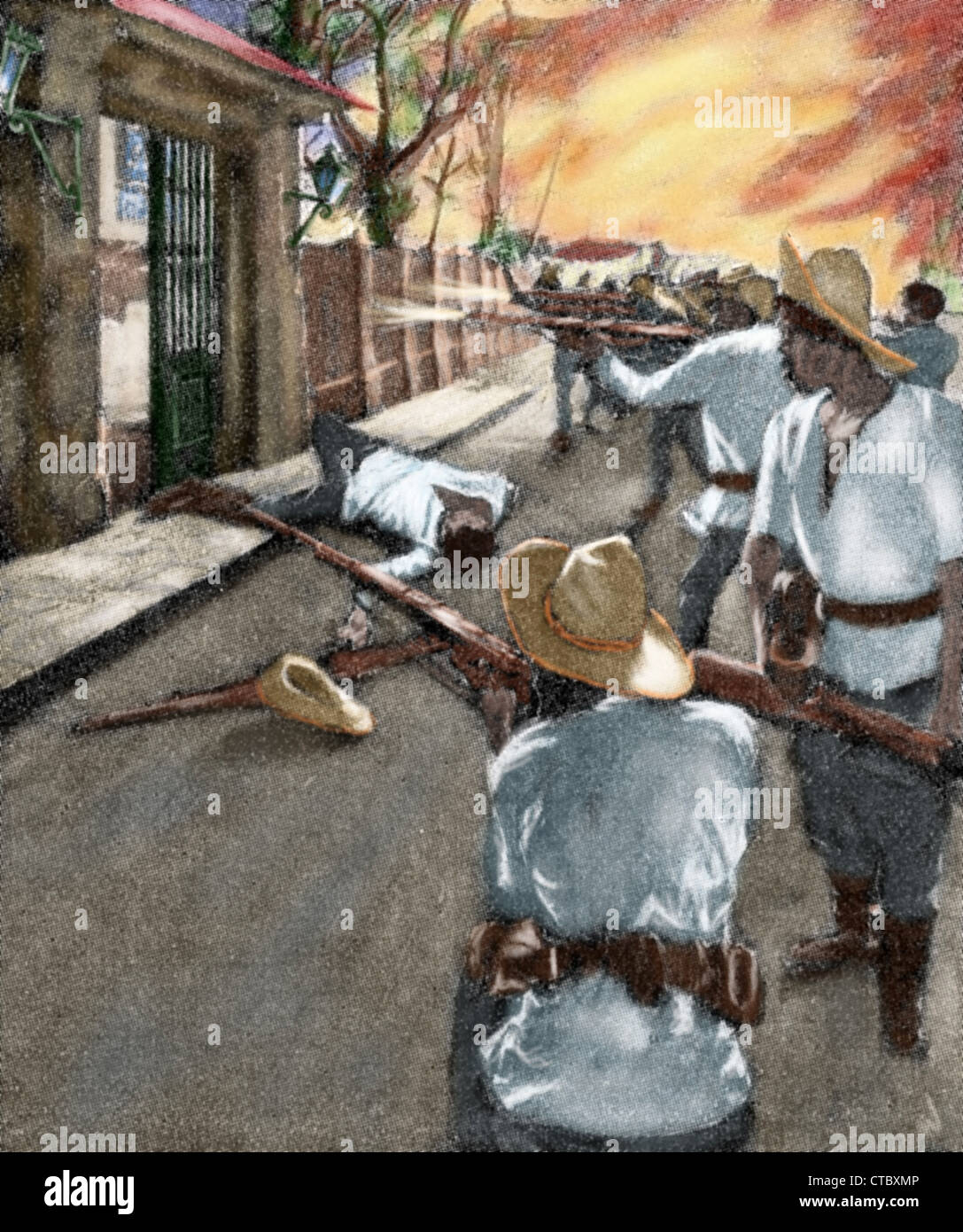 Philippine War of Independence. Manila. Insurgent attack on the barracks of 13th Minnesota Volunteers, during the Tondo Fire. Stock Photo