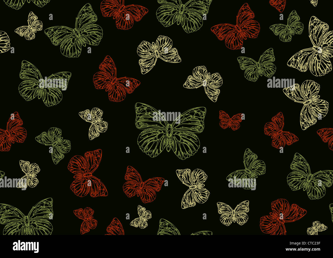 Vector illustration of many funky hand-drawn butterflies of different ...