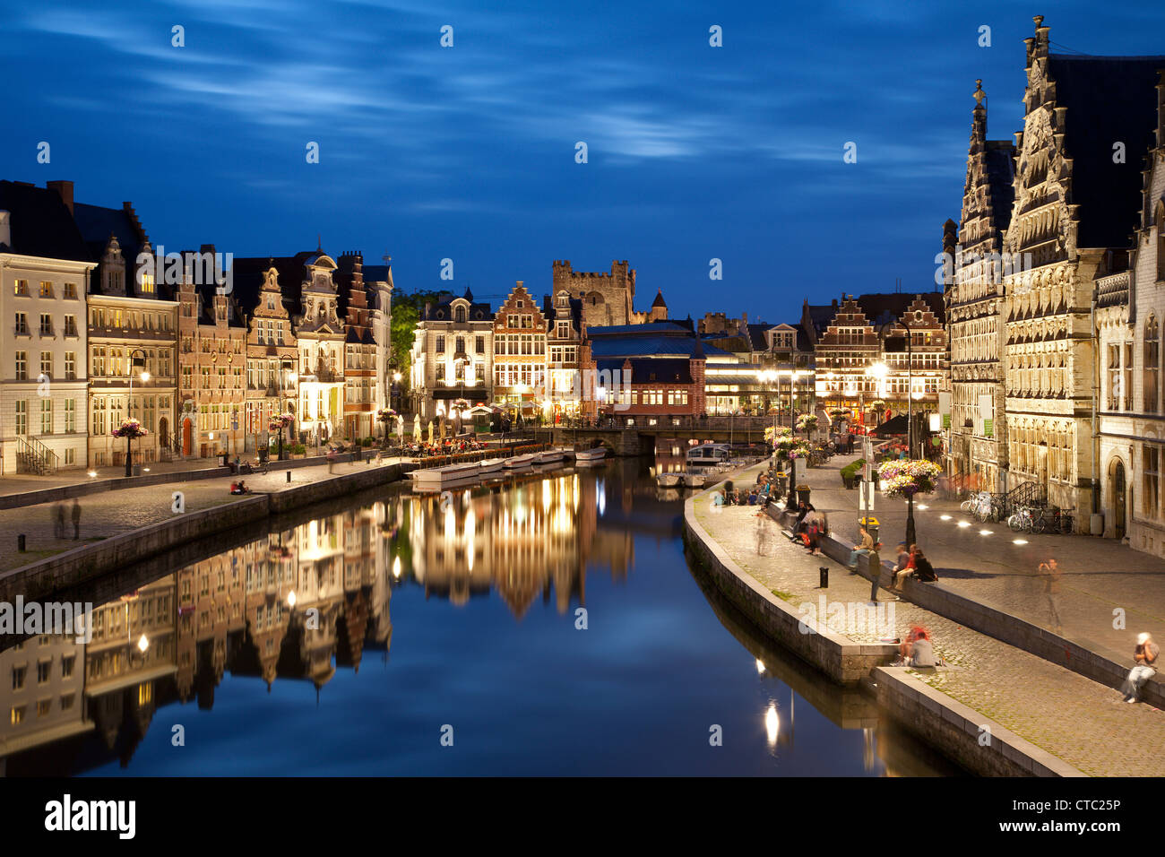 Gent - Palaces with the canal in evening from Korenlei and Graselei street on June 24, 2012 in Gent, Belgium. Stock Photo