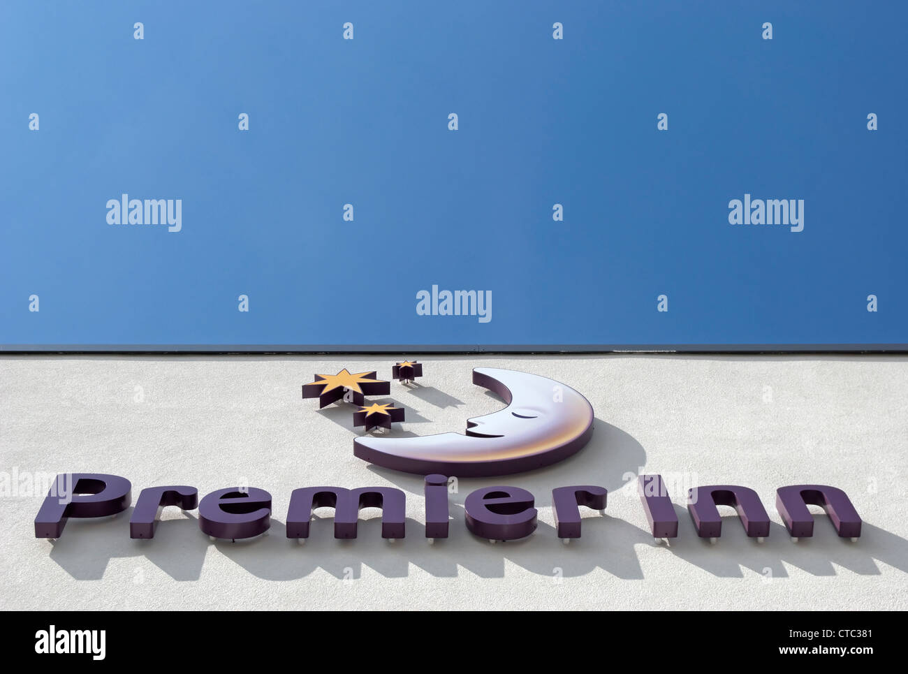 premier inn sign with sleeping moon logo, at a branch of the hotel chain in richmond upon thames, surrey, england Stock Photo