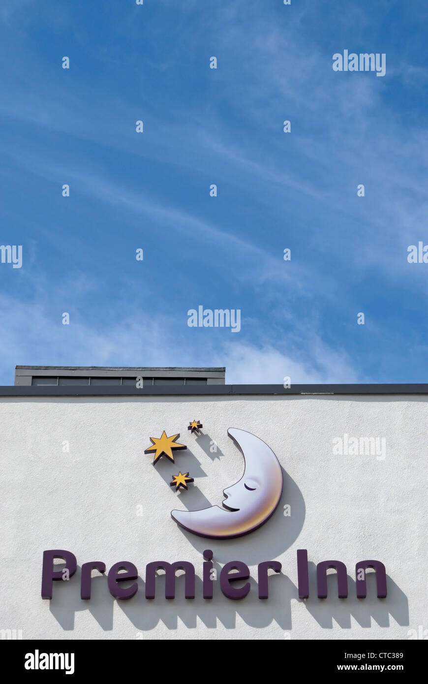 premier inn sign with sleeping moon logo, at a branch of the hotel chain in richmond upon thames, surrey, england Stock Photo