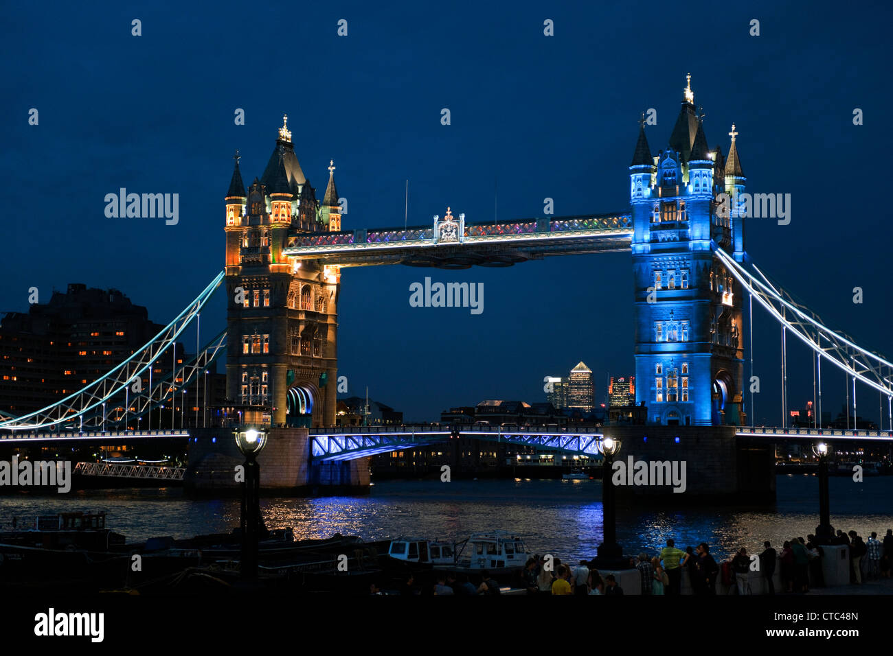 Tower Bridgein London England at night with light show rehearsal anticipating the Olympic Games in summer 2012 Stock Photo