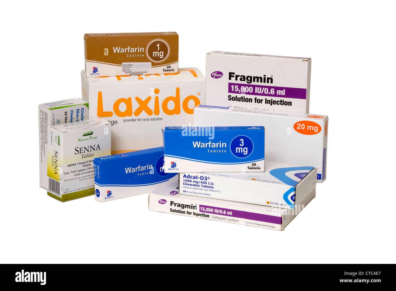 Various prescribed tablets & drugs generally used to illnesses experienced in ageing & old / elderly / senior / OAP patients. Stock Photo